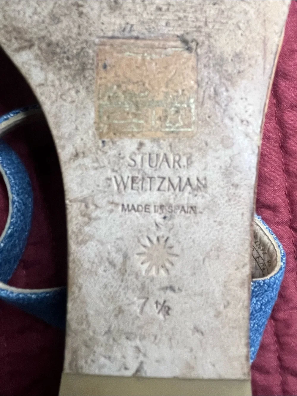 Stuart Weitzman Aleena 50 Cork Wedge Sandals Blue Slide Square Toe Size 7.5